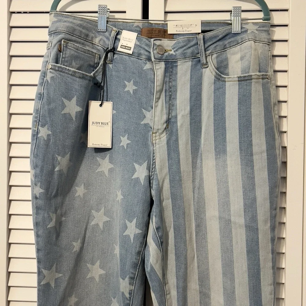 NWT JUDY BLUE High Waist Flare Jeans Stars & Stripes Size 14W Stretch USA. - Picture 5 of 13